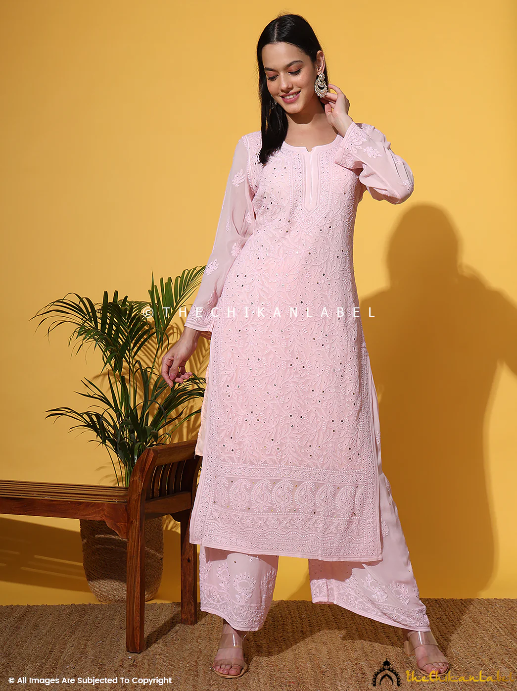 Sukhmani Gambhir Sitara Chikankari Viscose Kurta Set with Dupatta - Champagne - Image 6