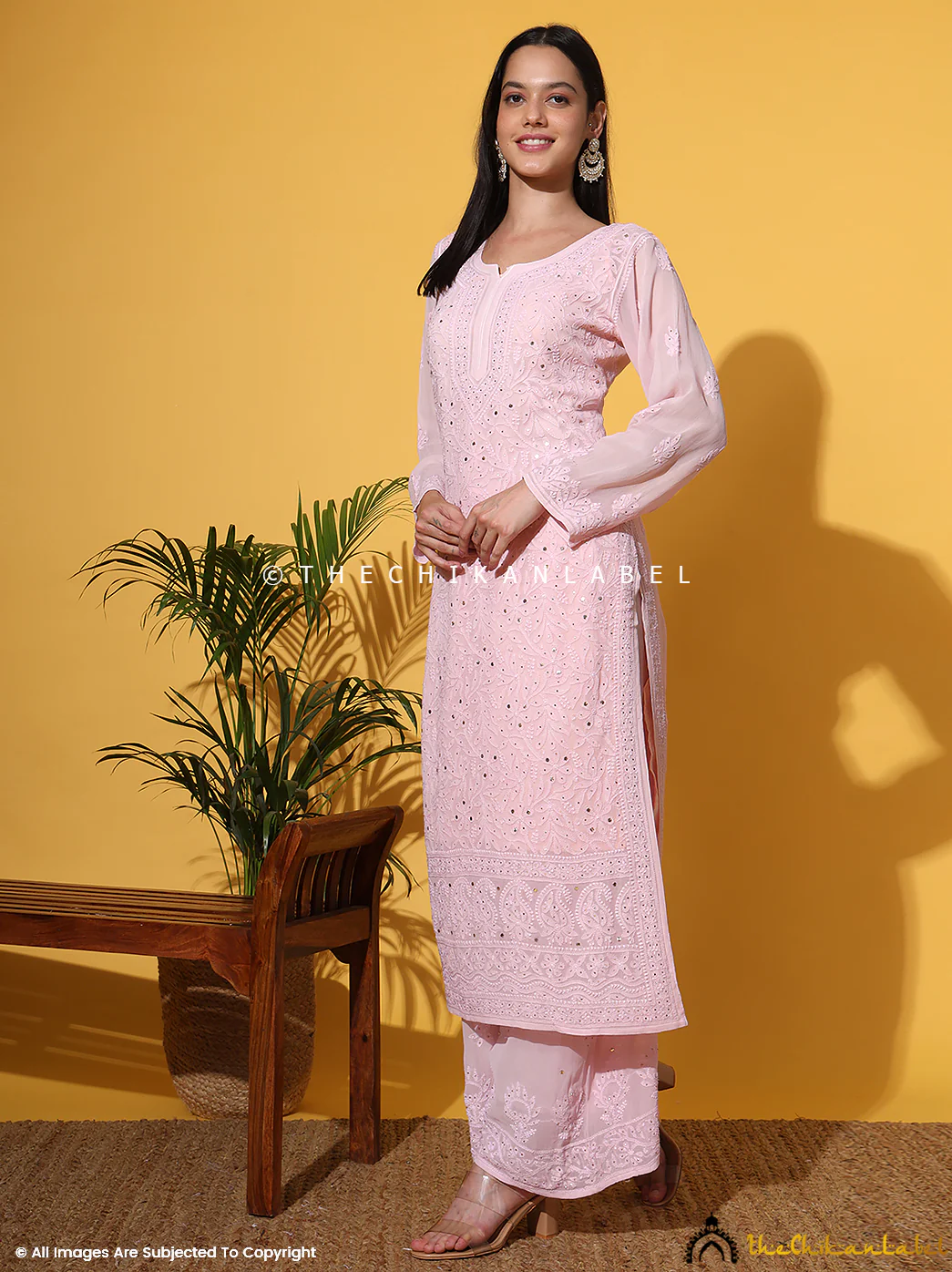 Sukhmani Gambhir Sitara Chikankari Viscose Kurta Set with Dupatta - Champagne - Image 7
