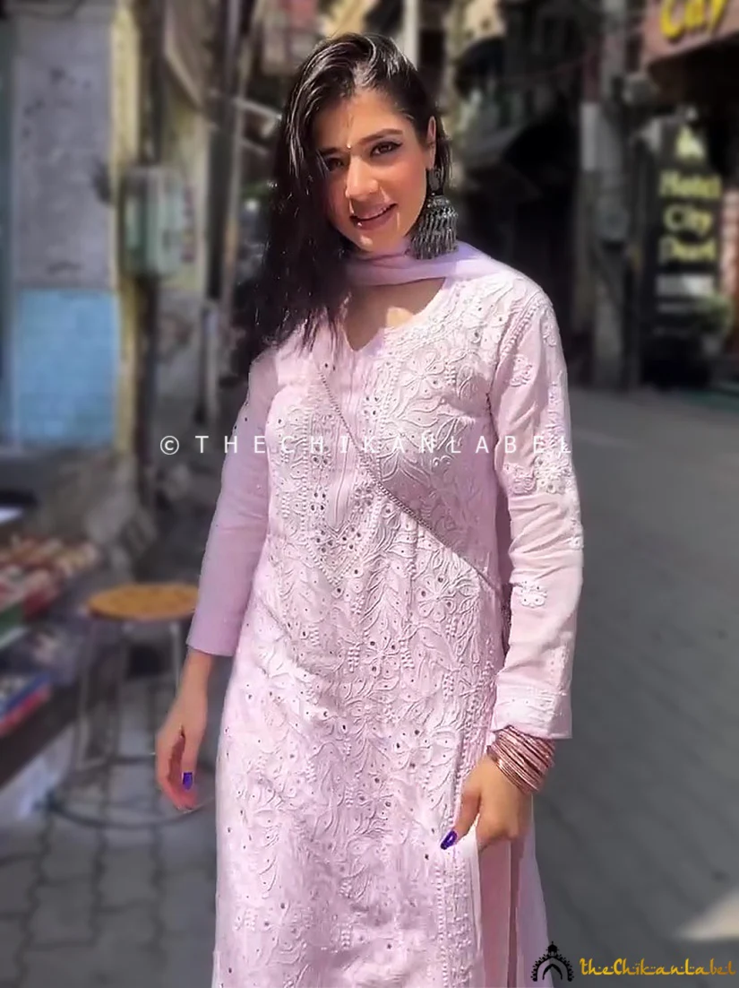 Sukhmani Gambhir Sitara Chikankari Viscose Kurta Set with Dupatta - Champagne - Image 8