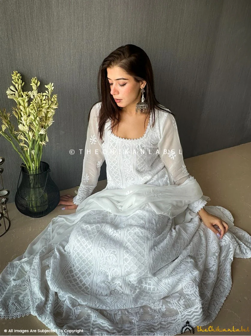 Sukhmani Gambhir White Sidra Viscose Chikankari Anarkali