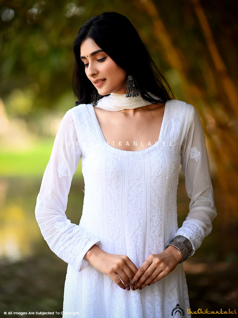 Sukhmani Gambhir White Sidra Viscose Chikankari Anarkali - Image 2