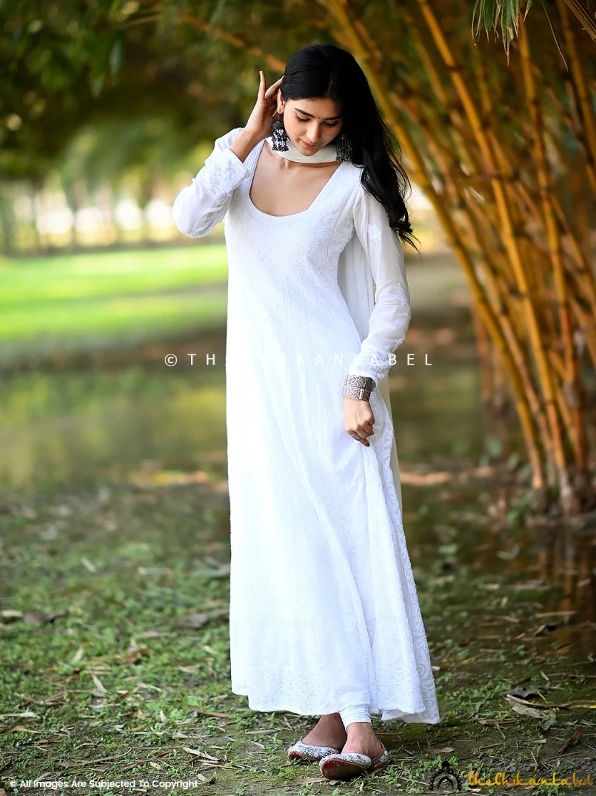 Sukhmani Gambhir White Sidra Viscose Chikankari Anarkali - Image 3