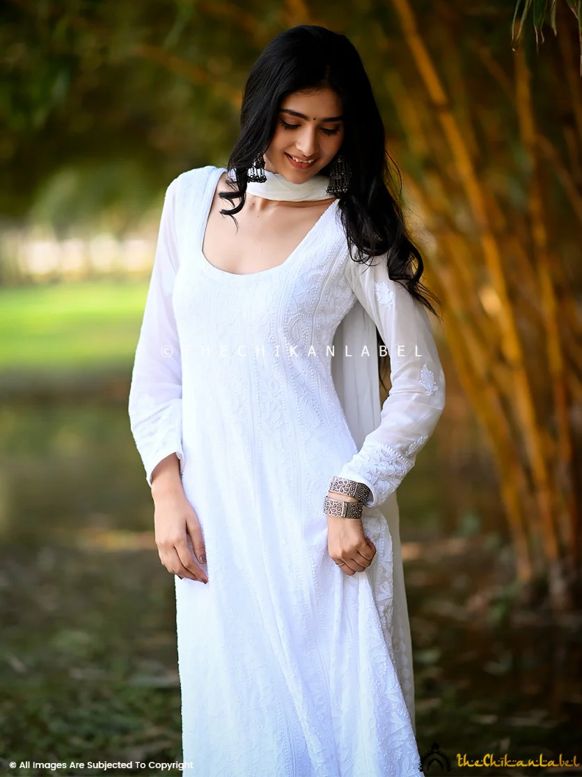 Sukhmani Gambhir White Sidra Viscose Chikankari Anarkali - Image 4