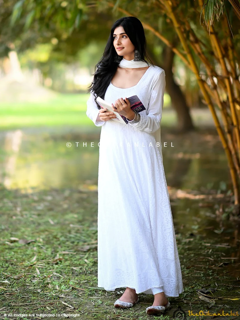 Sukhmani Gambhir White Sidra Viscose Chikankari Anarkali - Image 5