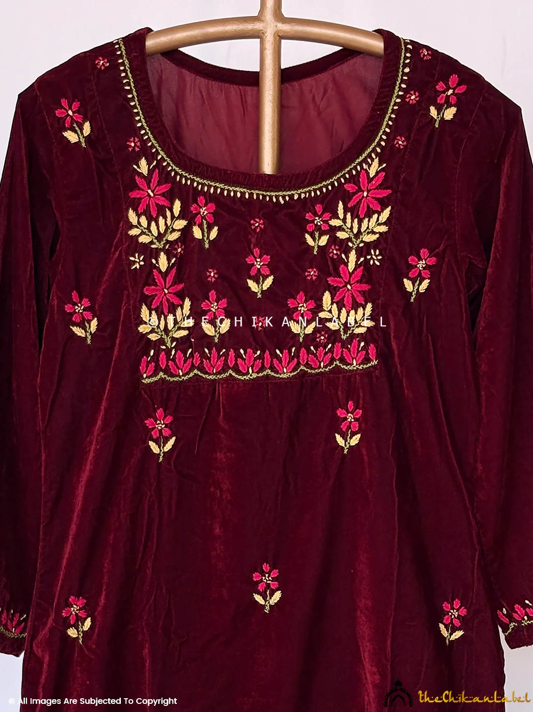 Sunehri Velvet Chikankari Straight Kurta Set - Brown - Image 3
