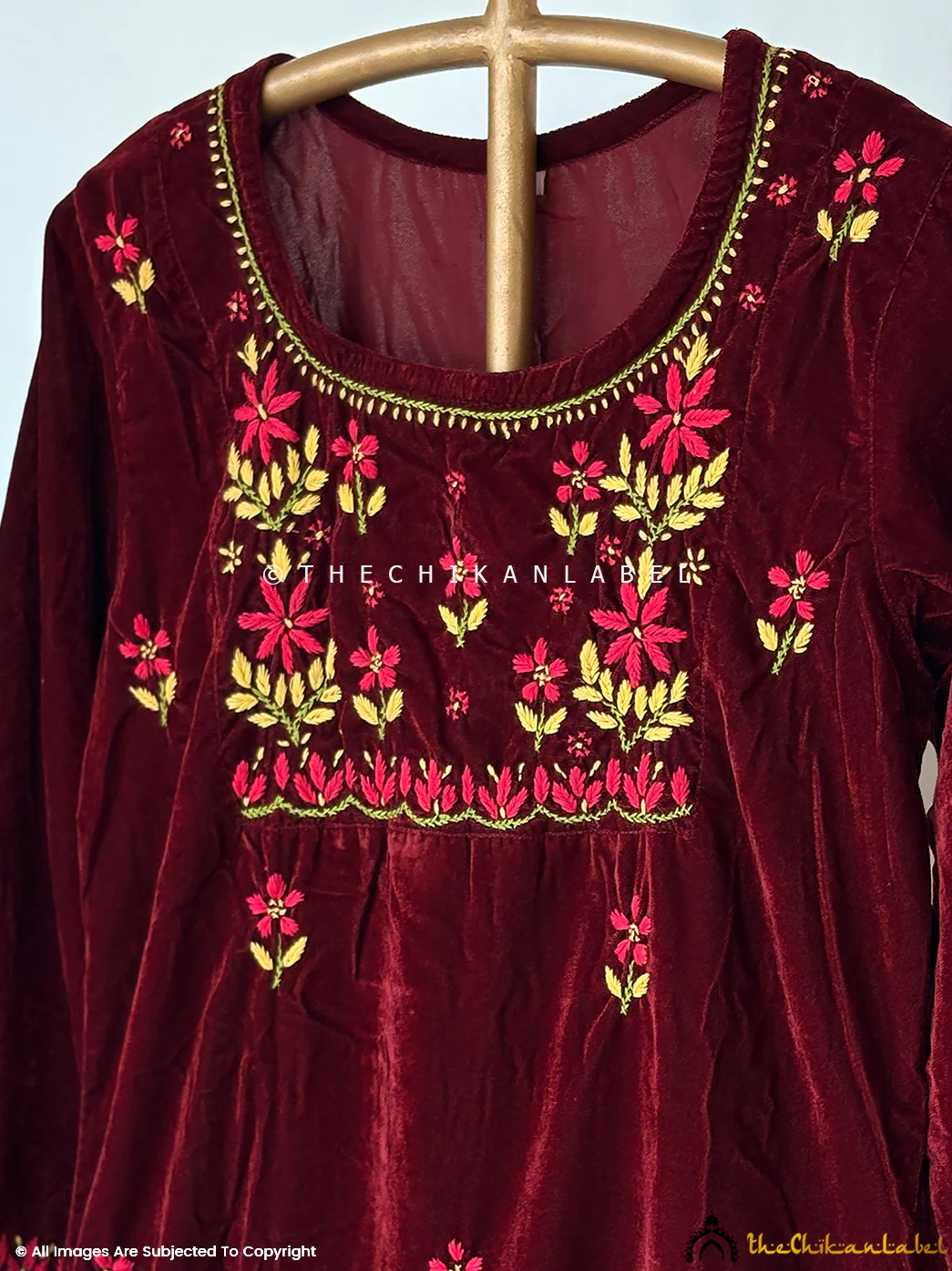Sunehri Velvet Chikankari Straight Kurta Set - Brown - Image 4