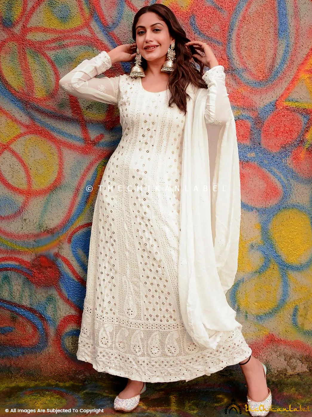 Gulmohar Viscose Chikankari Anarkali - Surbhi Chandna White - Image 5