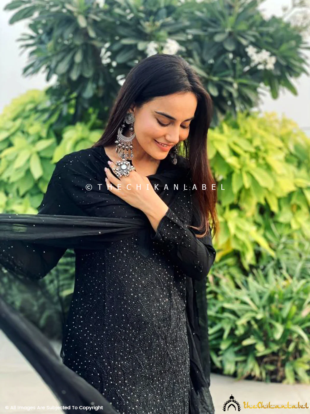 Surbhi Jyoti Tara Viscose Chikankari Kurta Set with Dupatta - Black - Image 3