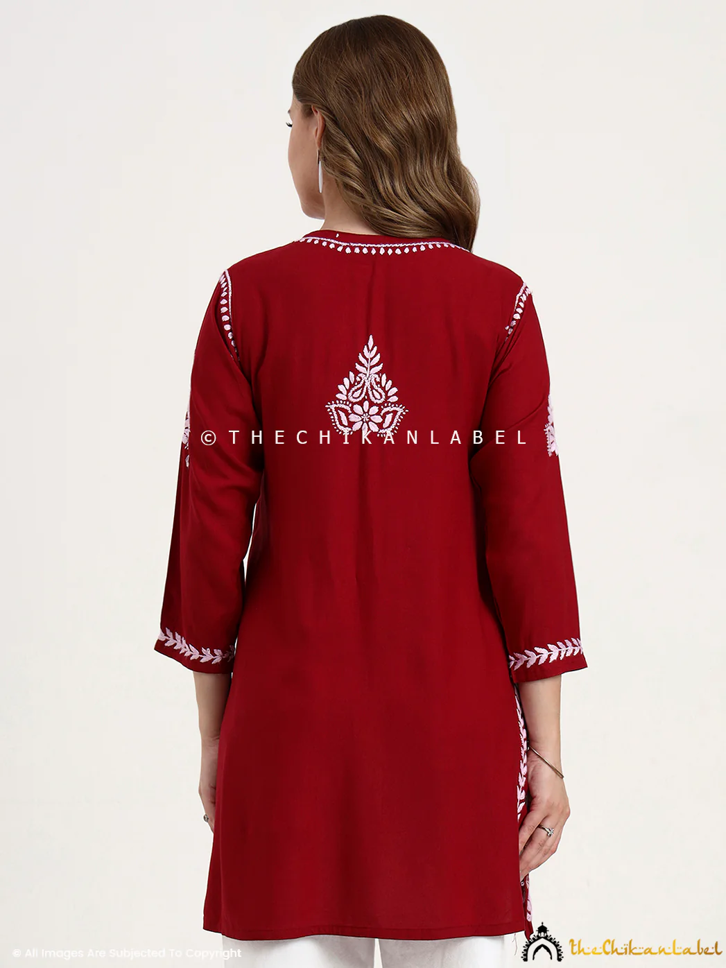 Swara Modal Chikankari Short Top - Maroon - Image 3