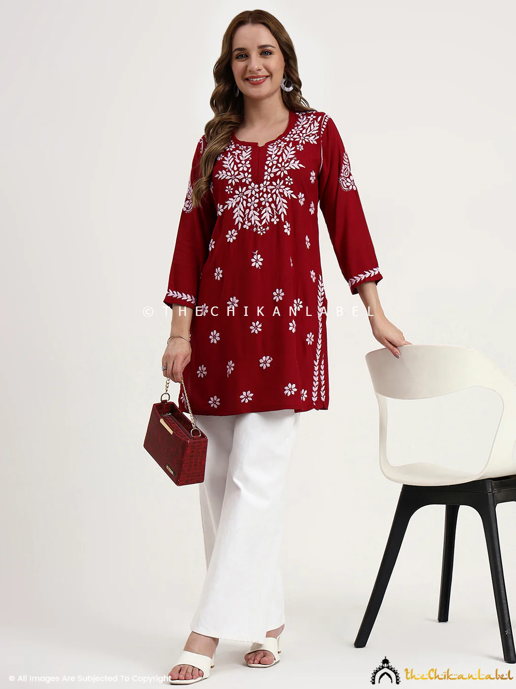 Swara Modal Chikankari Short Top - Maroon - Image 7
