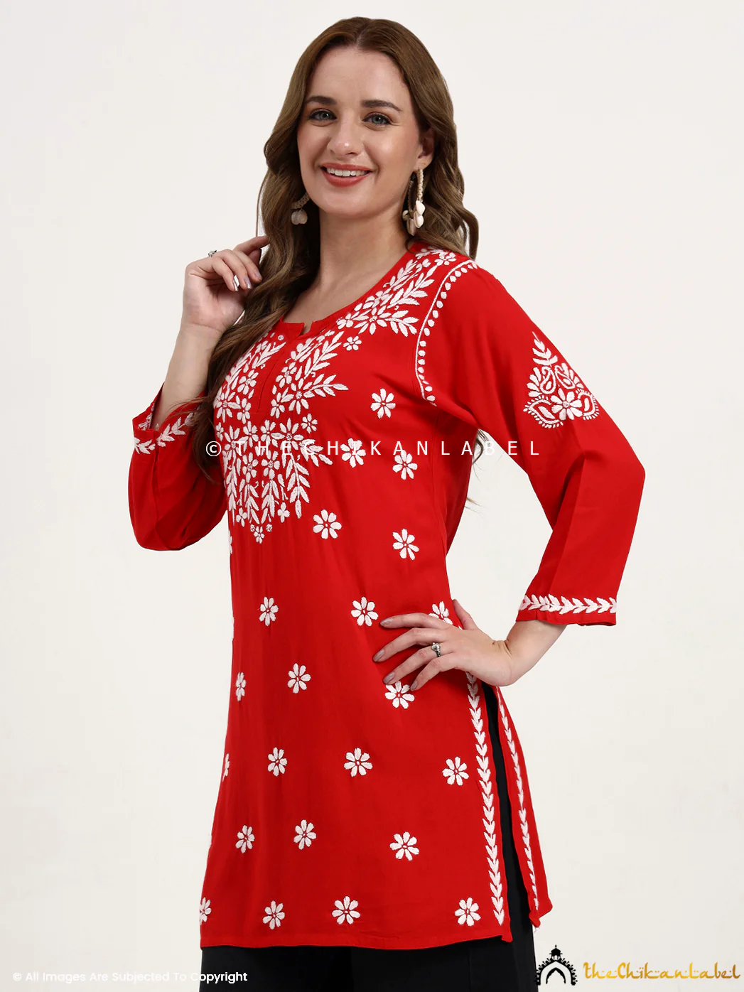 Swara Modal Chikankari Short Top - Red - Image 4