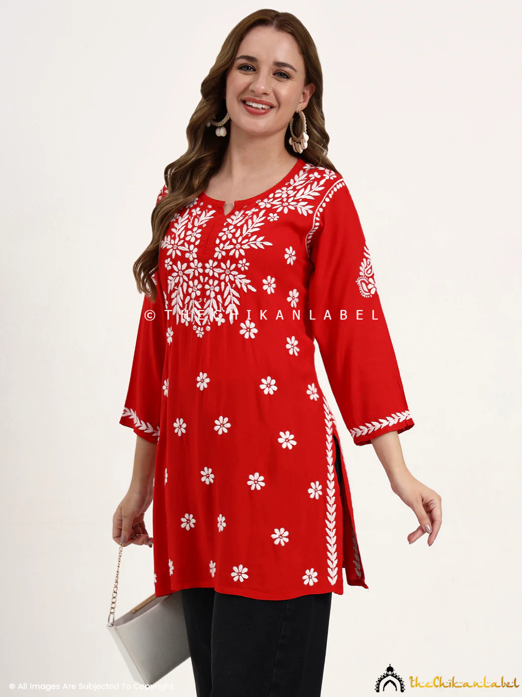 Swara Modal Chikankari Short Top - Red - Image 6