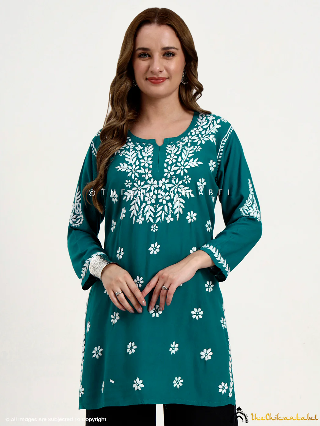 Swara Modal Chikankari Short Top - Teal Blue