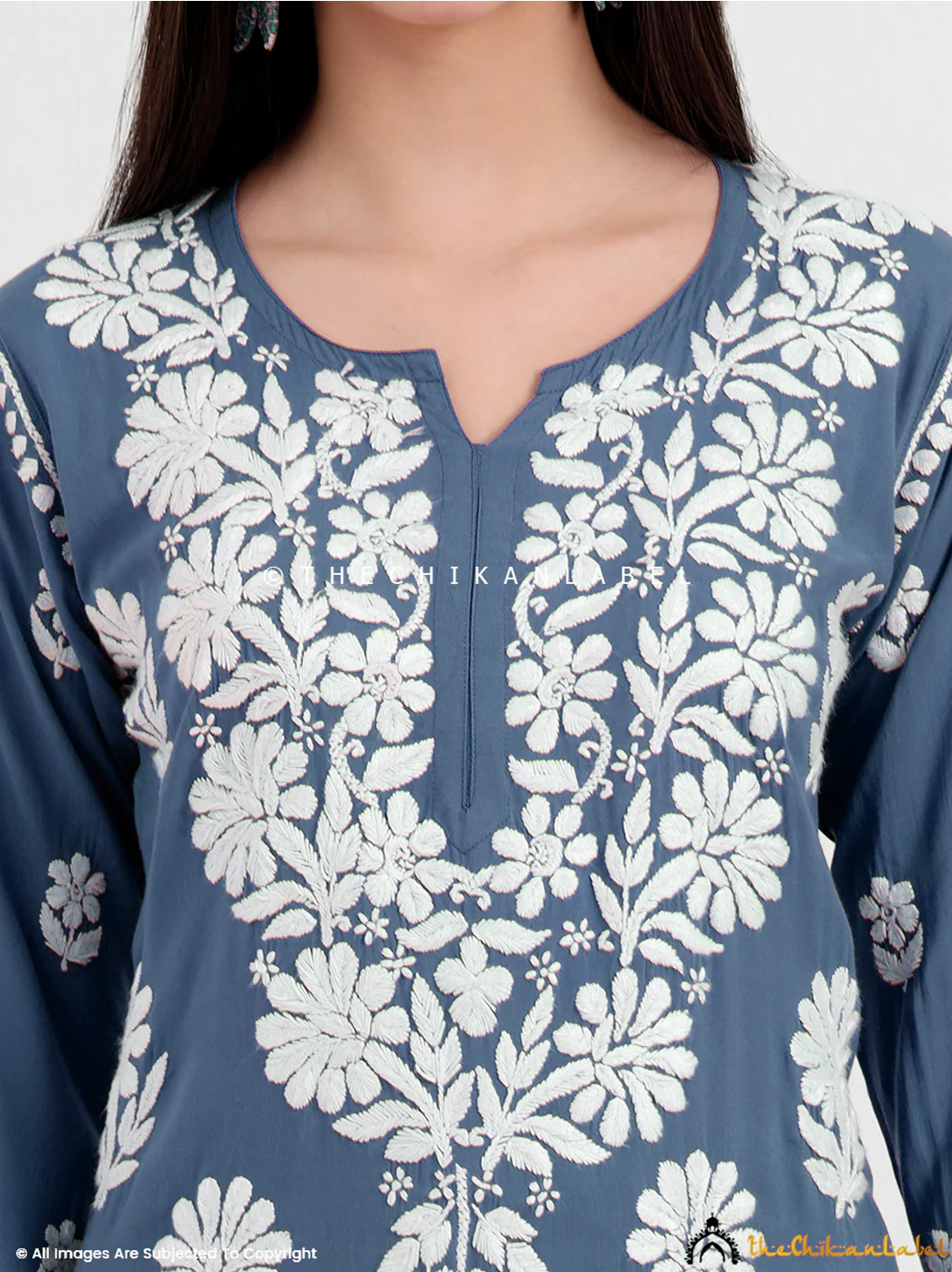 Tazmeen Modal Chikankari Kurti Palazzo Set - Grey - Image 2