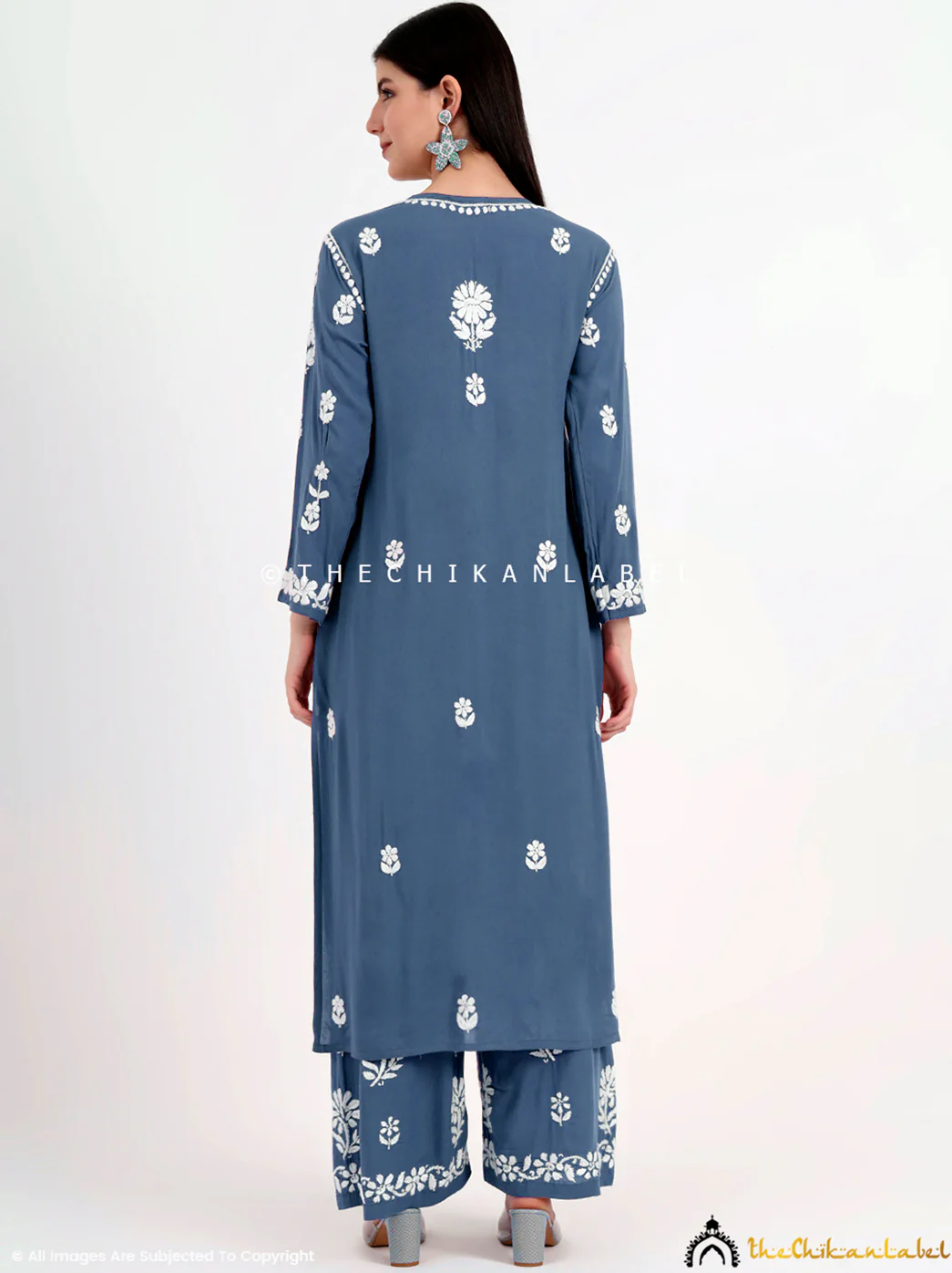 Tazmeen Modal Chikankari Kurti Palazzo Set - Grey - Image 3