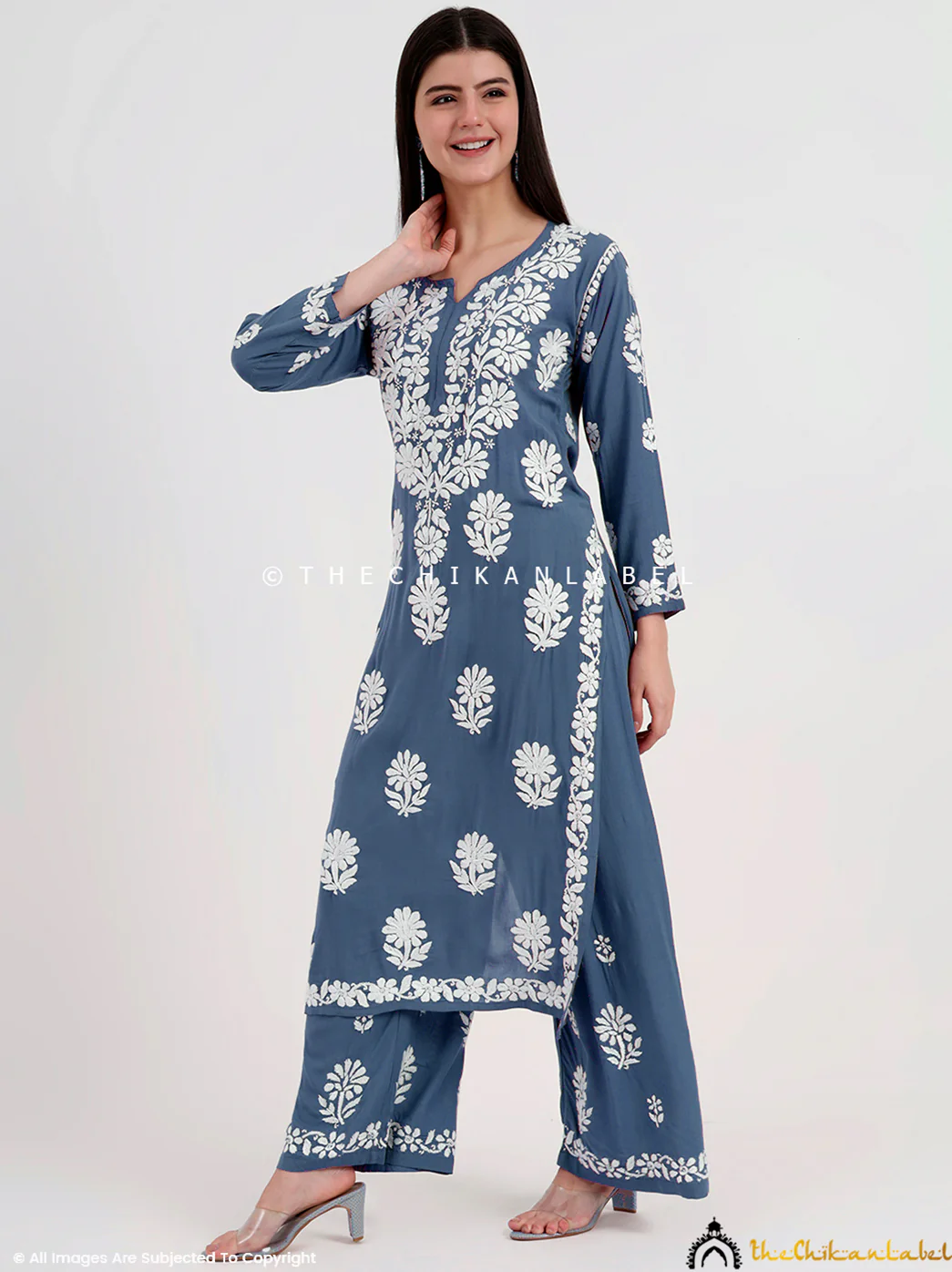 Tazmeen Modal Chikankari Kurti Palazzo Set - Grey - Image 4
