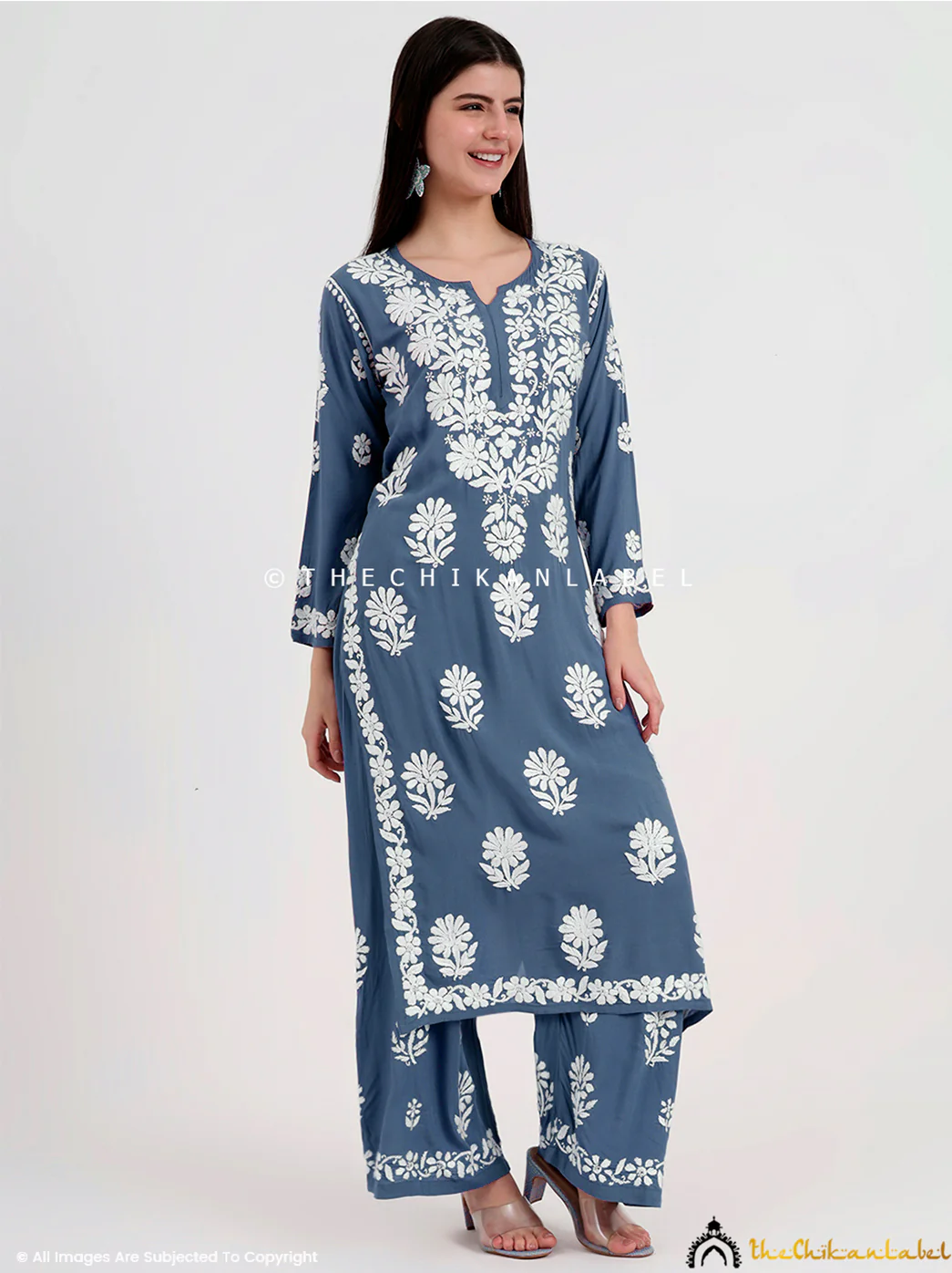 Tazmeen Modal Chikankari Kurti Palazzo Set - Grey - Image 5