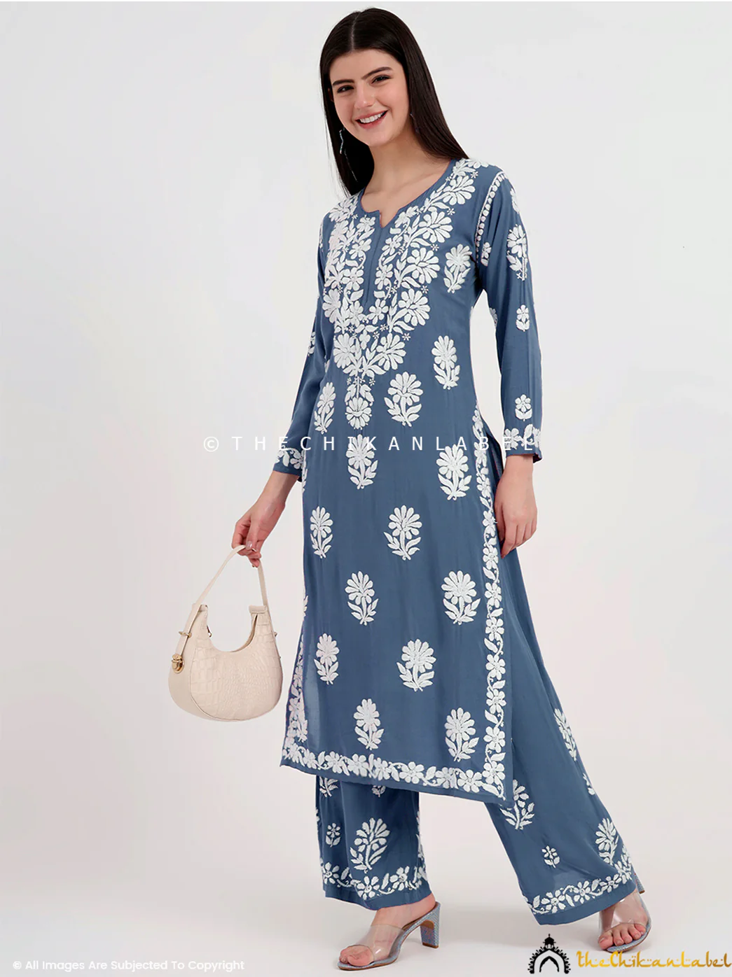 Tazmeen Modal Chikankari Kurti Palazzo Set - Grey - Image 6