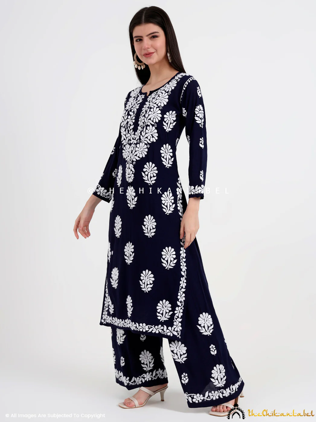 Tazmeen Modal Chikankari Kurti Palazzo Set - Navy Blue - Image 4