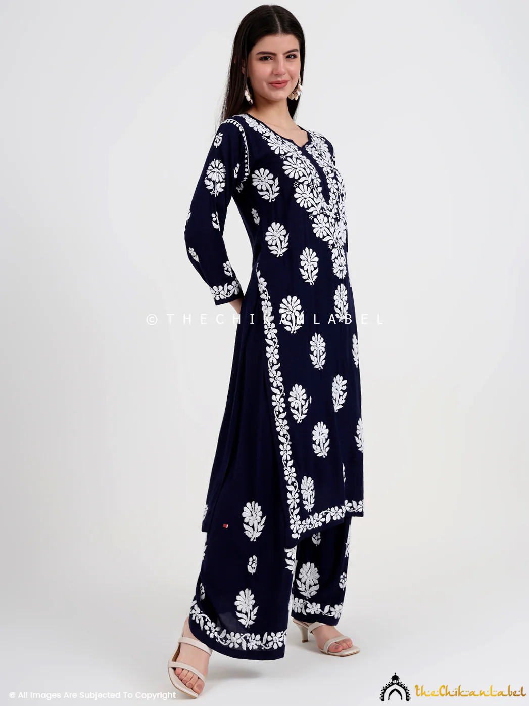 Tazmeen Modal Chikankari Kurti Palazzo Set - Navy Blue - Image 5