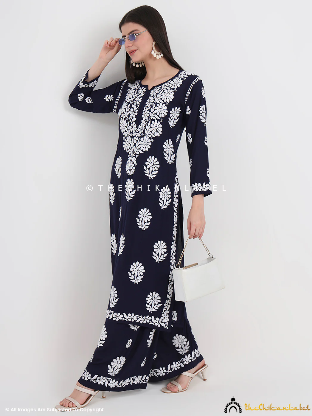 Tazmeen Modal Chikankari Kurti Palazzo Set - Navy Blue - Image 6
