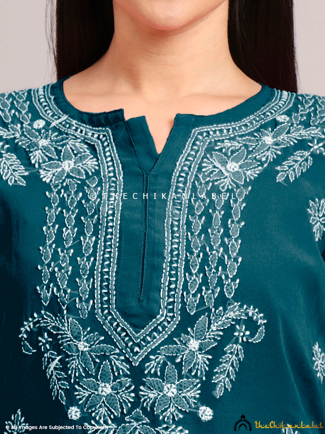 Darshana Georgette Chikankari Straight Kurti with Inner - Teal Blue - Image 2
