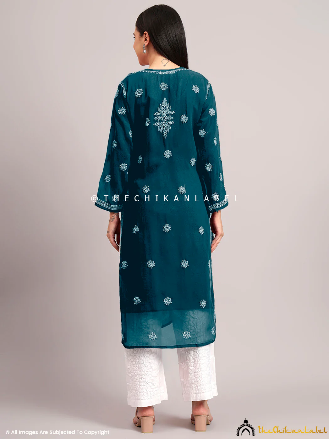 Darshana Georgette Chikankari Straight Kurti with Inner - Teal Blue - Image 3