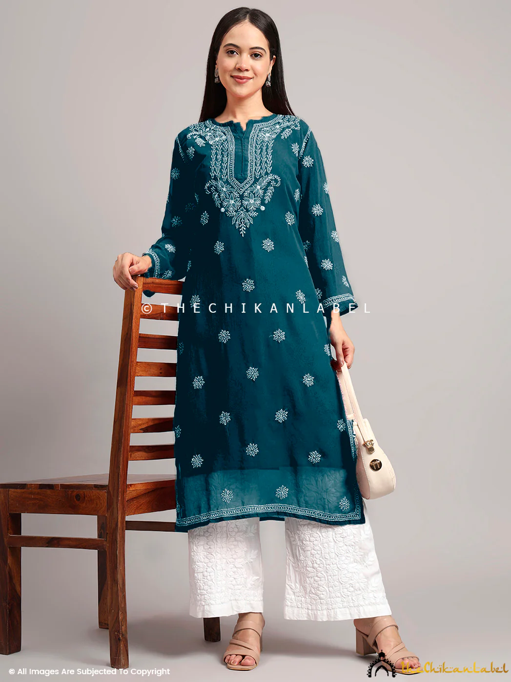 Darshana Georgette Chikankari Straight Kurti with Inner - Teal Blue - Image 4