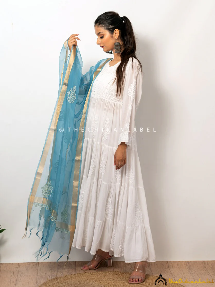 Teal Blue Organza Chikankari Dupatta Lucknawi Chikan Handmade Stole Scarf - Image 3