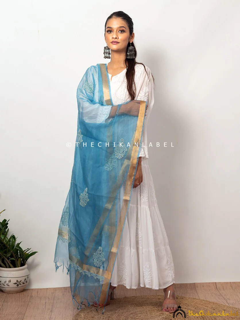 Teal Blue Organza Chikankari Dupatta Lucknawi Chikan Handmade Stole Scarf - Image 4