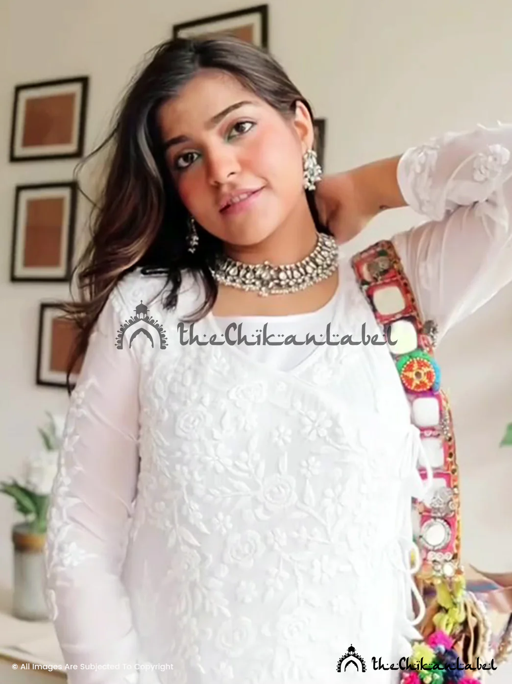ThatBohoGirl in White Shiba Viscose Chikankari Angrakha - Image 3