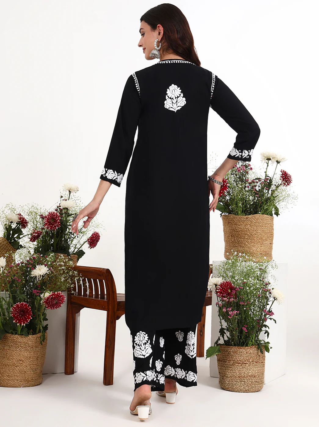 Tisya Rayon Chikankari Kurti Palazzo Set - Black - Image 3