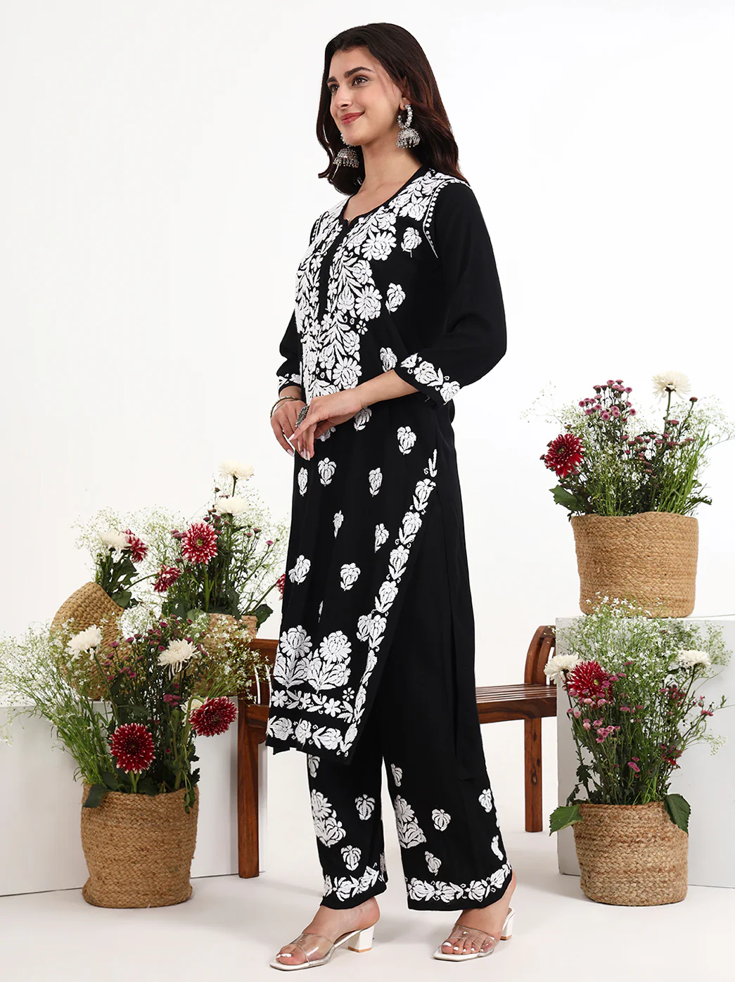 Tisya Rayon Chikankari Kurti Palazzo Set - Black - Image 4