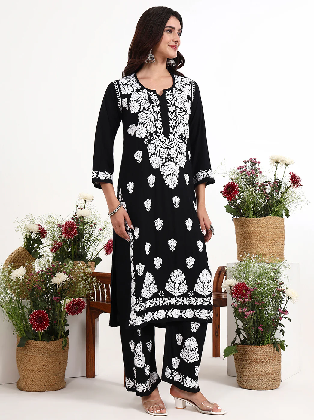 Tisya Rayon Chikankari Kurti Palazzo Set - Black - Image 5