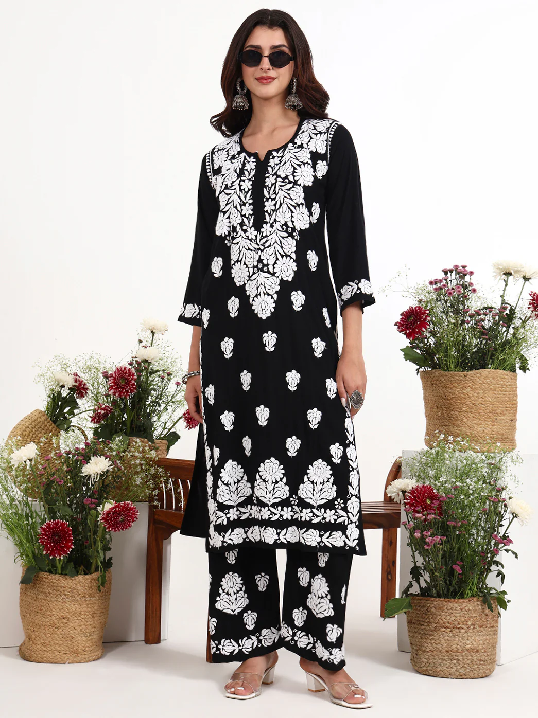 Tisya Rayon Chikankari Kurti Palazzo Set - Black - Image 6