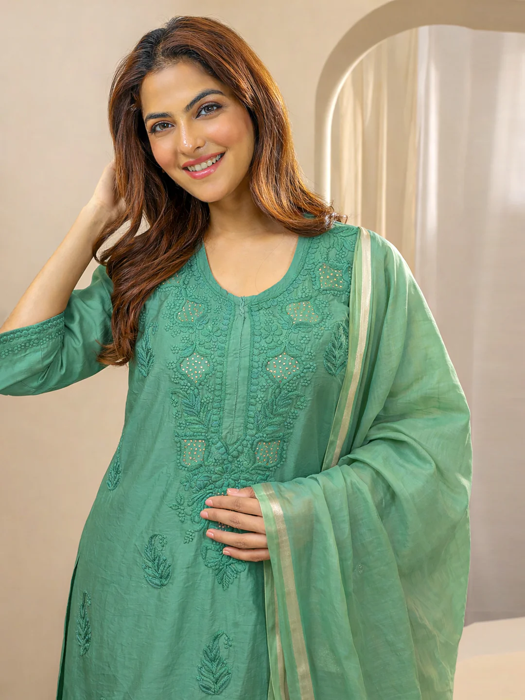 Tiya Chanderi Chikankari Kurta Set with Dupatta - Green - Image 2