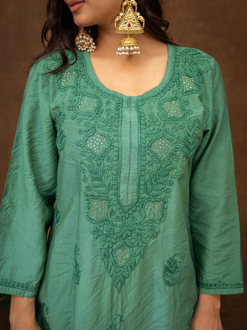 Tiya Chanderi Chikankari Kurta Set with Dupatta - Green - Image 3