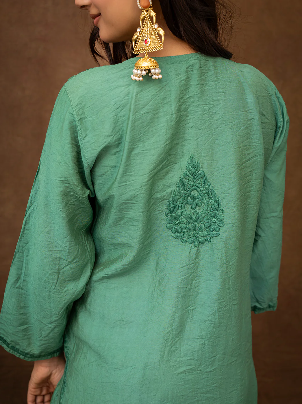 Tiya Chanderi Chikankari Kurta Set with Dupatta - Green - Image 4