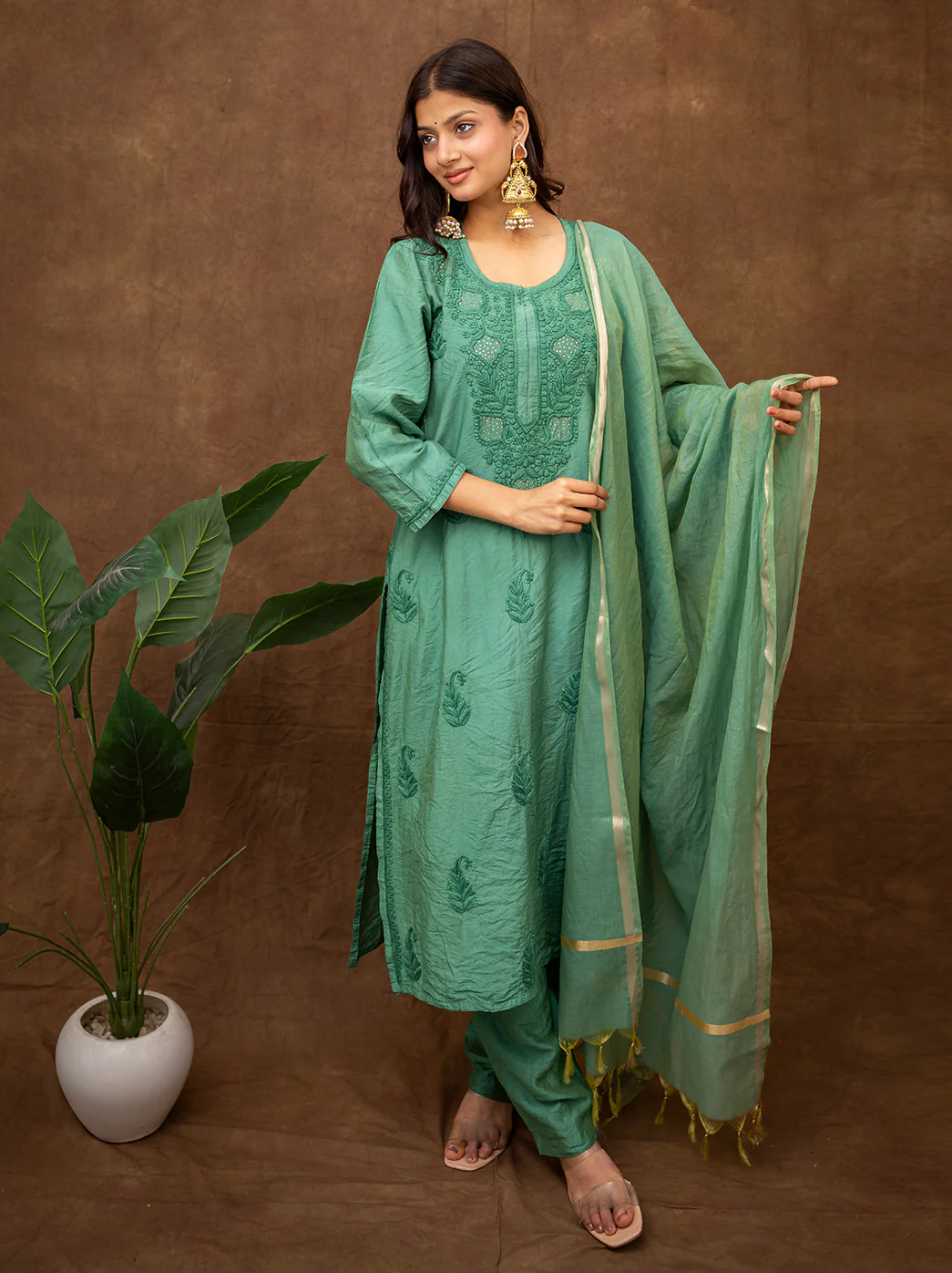 Tiya Chanderi Chikankari Kurta Set with Dupatta - Green - Image 5