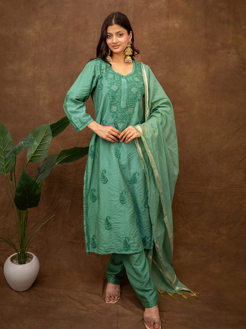 Tiya Chanderi Chikankari Kurta Set with Dupatta - Green - Image 6
