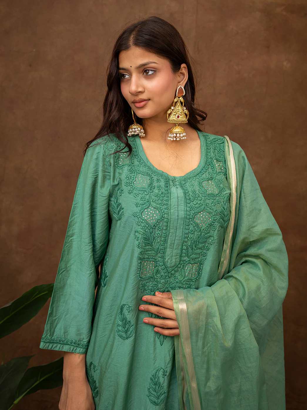 Tiya Chanderi Chikankari Kurta Set with Dupatta - Green - Image 7