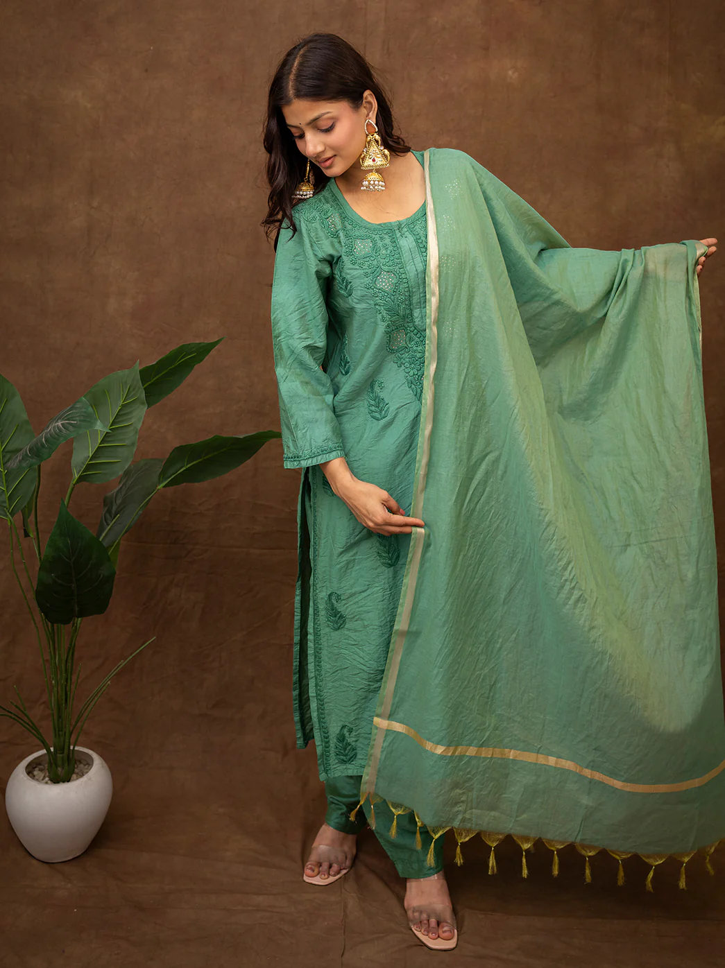 Tiya Chanderi Chikankari Kurta Set with Dupatta - Green - Image 8