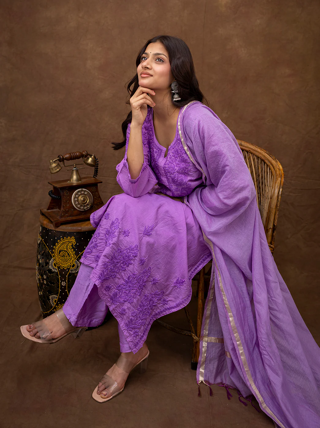 Tiya Chanderi Chikankari Kurta Set with Dupatta - Lavender - Image 10