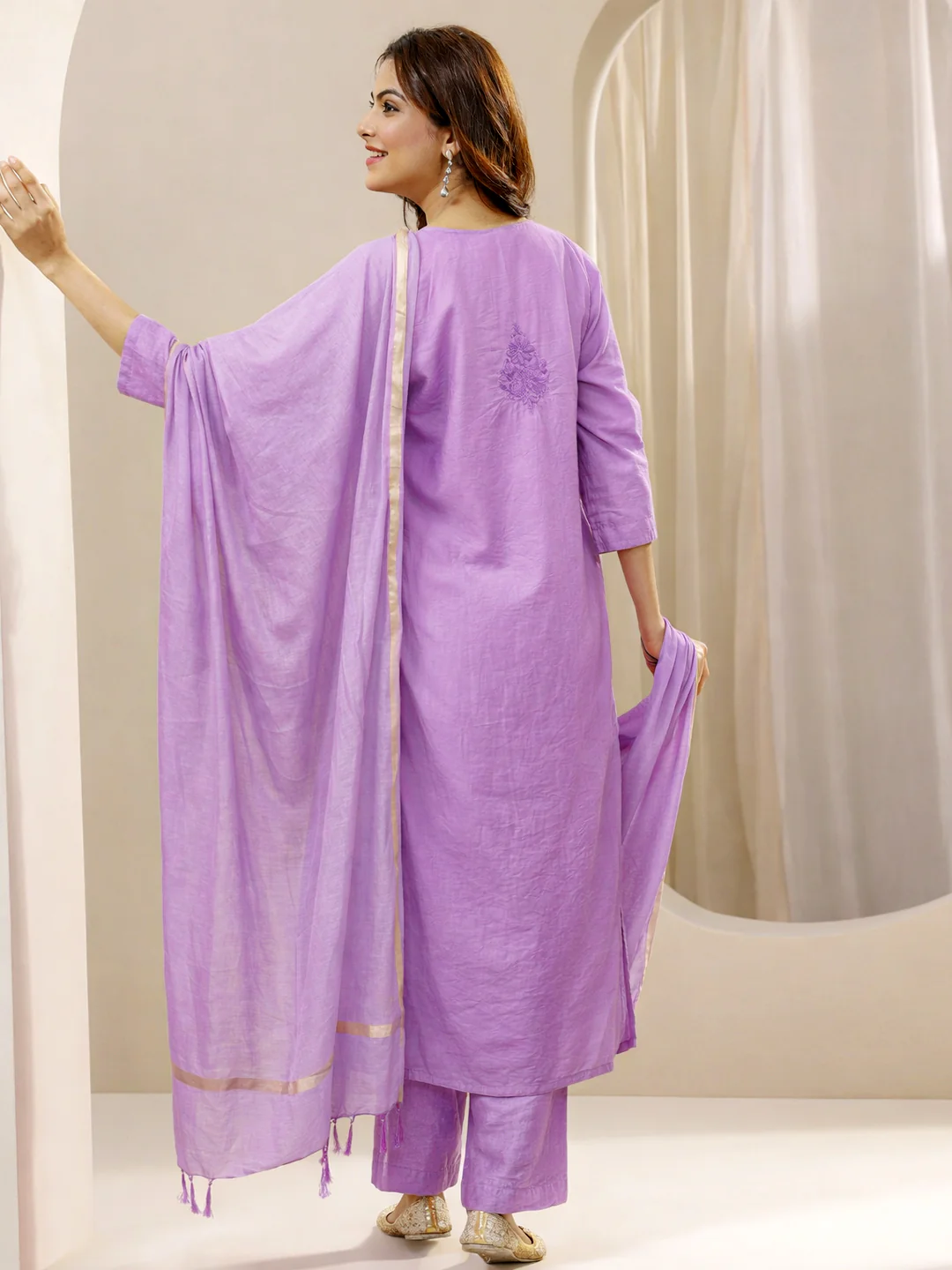 Tiya Chanderi Chikankari Kurta Set with Dupatta - Lavender - Image 4