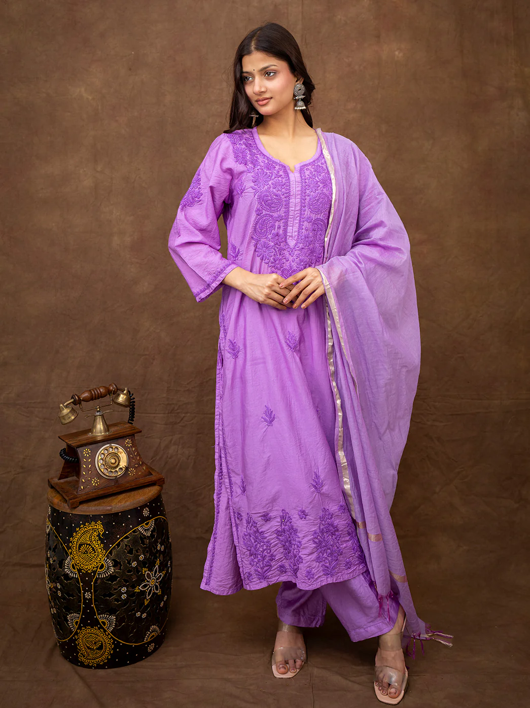 Tiya Chanderi Chikankari Kurta Set with Dupatta - Lavender - Image 5