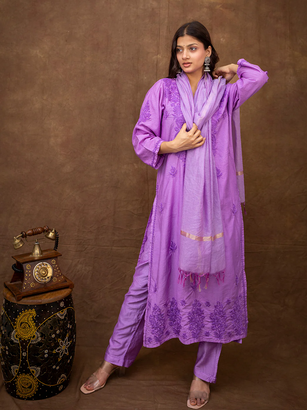 Tiya Chanderi Chikankari Kurta Set with Dupatta - Lavender - Image 9