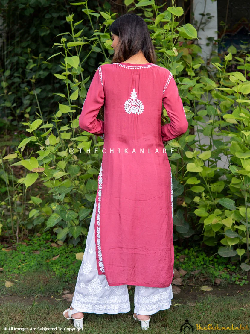 Safa Muslin Chikankari Straight Kurti - Toffy Pink - Image 3