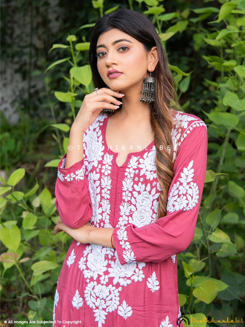 Safa Muslin Chikankari Straight Kurti - Toffy Pink - Image 4