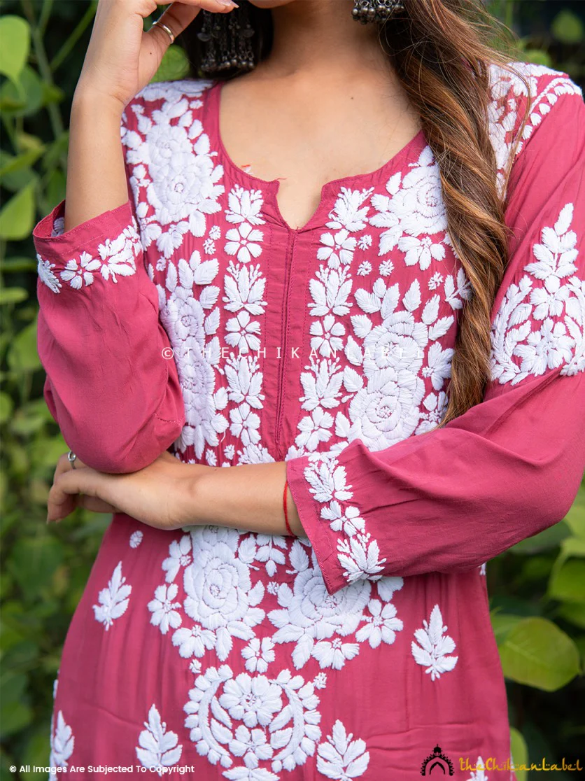 Safa Muslin Chikankari Straight Kurti - Toffy Pink - Image 5