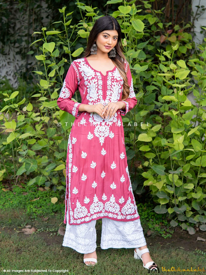Safa Muslin Chikankari Straight Kurti - Toffy Pink - Image 6